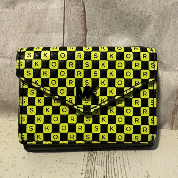 Michael Kors Neon/Black Mini Wallet | Trifold w/ Snap Closure MK Logo at Front - Picture 1 of 11